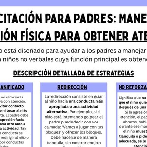 Könnte beinhalten: Eine spanischsprachige Broschüre mit dem Titel "Schulung für Eltern: Umgang mit körperlicher Aggression, um Aufmerksamkeit zu erlangen". Sie bietet detaillierte Strategien für Eltern, um mit aggressivem Verhalten umzugehen.