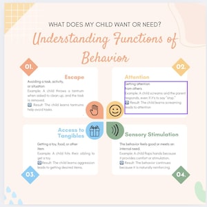 May include: An educational infographic titled "Understanding Functions of Behavior" with sections on Escape, Attention, Access to Tangibles, and Sensory Stimulation. The infographic uses a pastel color palette and includes examples of each behavior function.