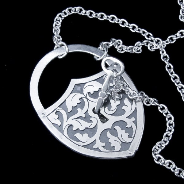 Sterling Silver Padlock Locket - Couples Ornate Shield with Two Photo Compartments - LOCK AND KEY