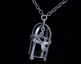 Sterling Silver Gothic Medieval Cage Necklace with Skeleton - THE GIBBET