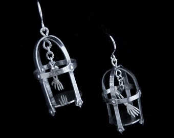 Sterling Silver Cage Skeleton Earrings - Macabre Gothic Medieval Chandeliers - THE GIBBET