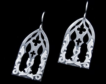 Sterling Silver Gothic Arch Earrings - Medieval Door with Scrollwork Creeping Vines - ETERNAL ENTRANCE