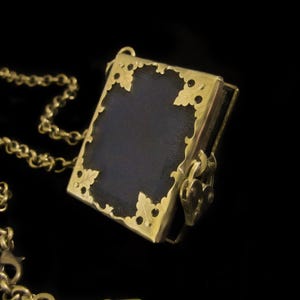 Black Leather and Gold Brass Book Locket Necklace with Heart Padlock and Key - BOOK OF SECRETS