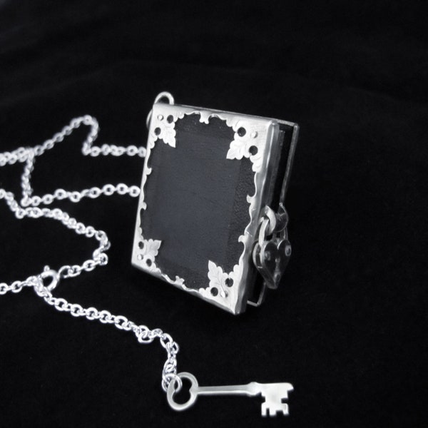 Leather and Silver Book Locket Necklace with Heart Padlock and Key - BOOK OF SECRETS