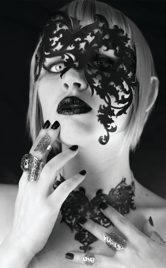 Black Leather Lace Masquerade Mask Asymmetrical Baroque | Etsy