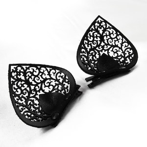 Black Laser Cut Leather Lace Clip On Cat Ears - Cosplay Cat Woman Costume - FREYJA