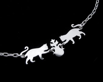 Sterling Silver Cat Chain Choker Necklace - Playful Kittens Destroy Vase Collar - CATS VS PLANT