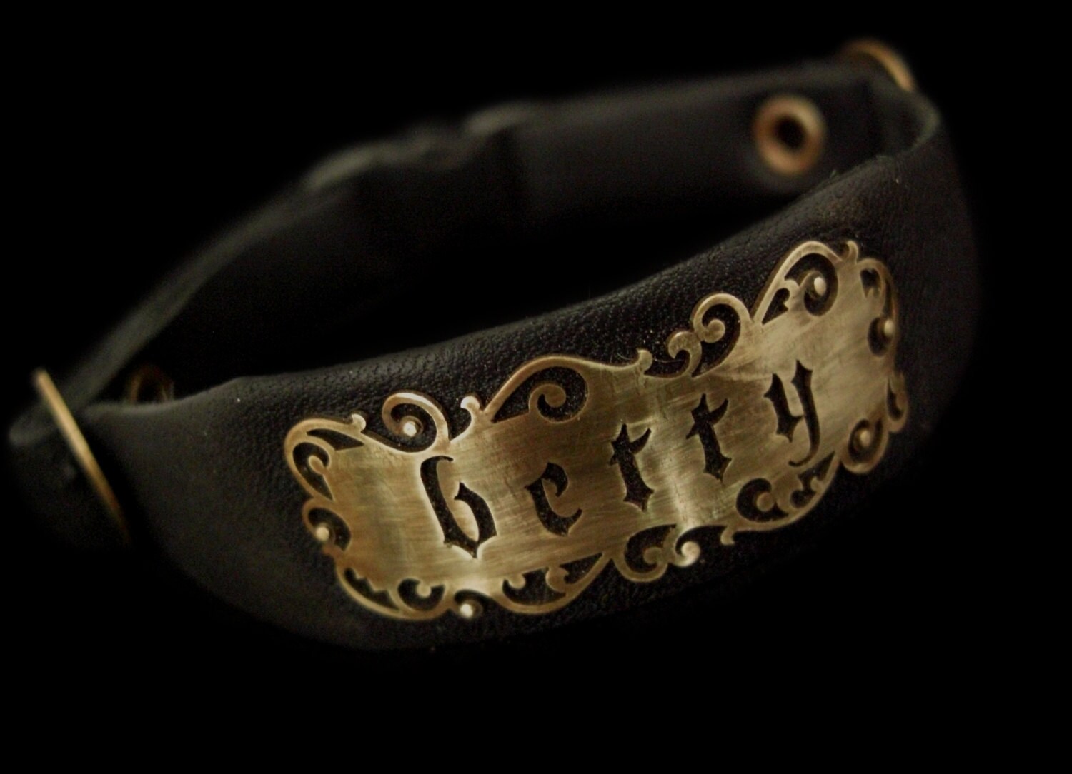 Fancy Custom Cat Collar Black Leather and Gold Brass with ...