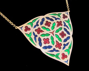 Gold Brass and Enamel Gothic Necklace - Statement Medieval Bib - STAINED BRASS WINDOW