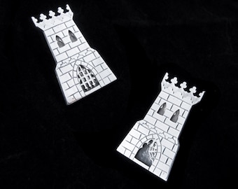 Sterling Silver Castle Pin - Mechanical Gothic Turret Tower Brooch - FORBIDDEN FORTRESS