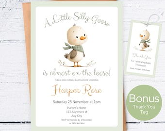 Dummer Gans-Babyparty-Einladung, kleine Gans ist auf dem lose, Geschlechts-neutrale Babyparty-Einladen, Baby-Jungen-Sage-grüne Baby-Dusche einladen