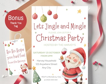 Jingle and Mingle Christmas Invitation, Santa Christmas Party Editable Template, Christmas Party Invitation, Instant Download