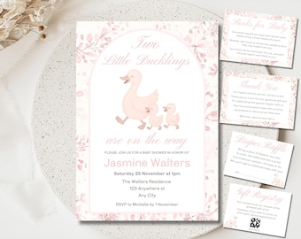 Zwillings-Mädchen-Babyparty-Einladungs-Paket, rosa Enten-Babyparty-Paket, zwei kleine Entlein sind auf dem Weg, Mädchen-Zwillinge-Baby-Einladungs-Set