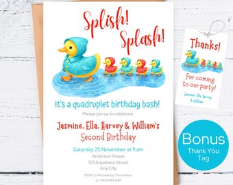 Editable Quadruplet Birthday Invitation, Splish Splash Rubber Duck Party, Sibling Birthday Invite, Joint Birthday Invite Any Age, Duck Party