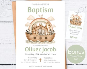 Noah’s Ark Baptism Invitation Template, Editable Green Boy Christening Invite, Bible Theme Invitation, Boy Naming Ceremony, Editable Invite