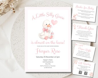 Pink Dumme Gans Babyparty Einladung Bundle, Eine kleine Gans ist auf dem Lose Mädchen Einladen Set, Bücher für Baby, Pink Dumme Gans Babyparty