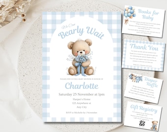 BearlyWait-Babyparty-Einladungs-Paket, Gingham-Teddybär-Einladungsset, blauer Teddybär-Junge-Babyparty-Einladung, wir können Bearly warten