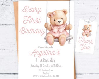 Invitation modifiable premier anniversaire Beary, ours en peluche rose 1er anniversaire, 1er anniversaire de la fille, téléchargement immédiat, modèle de toile modifiable
