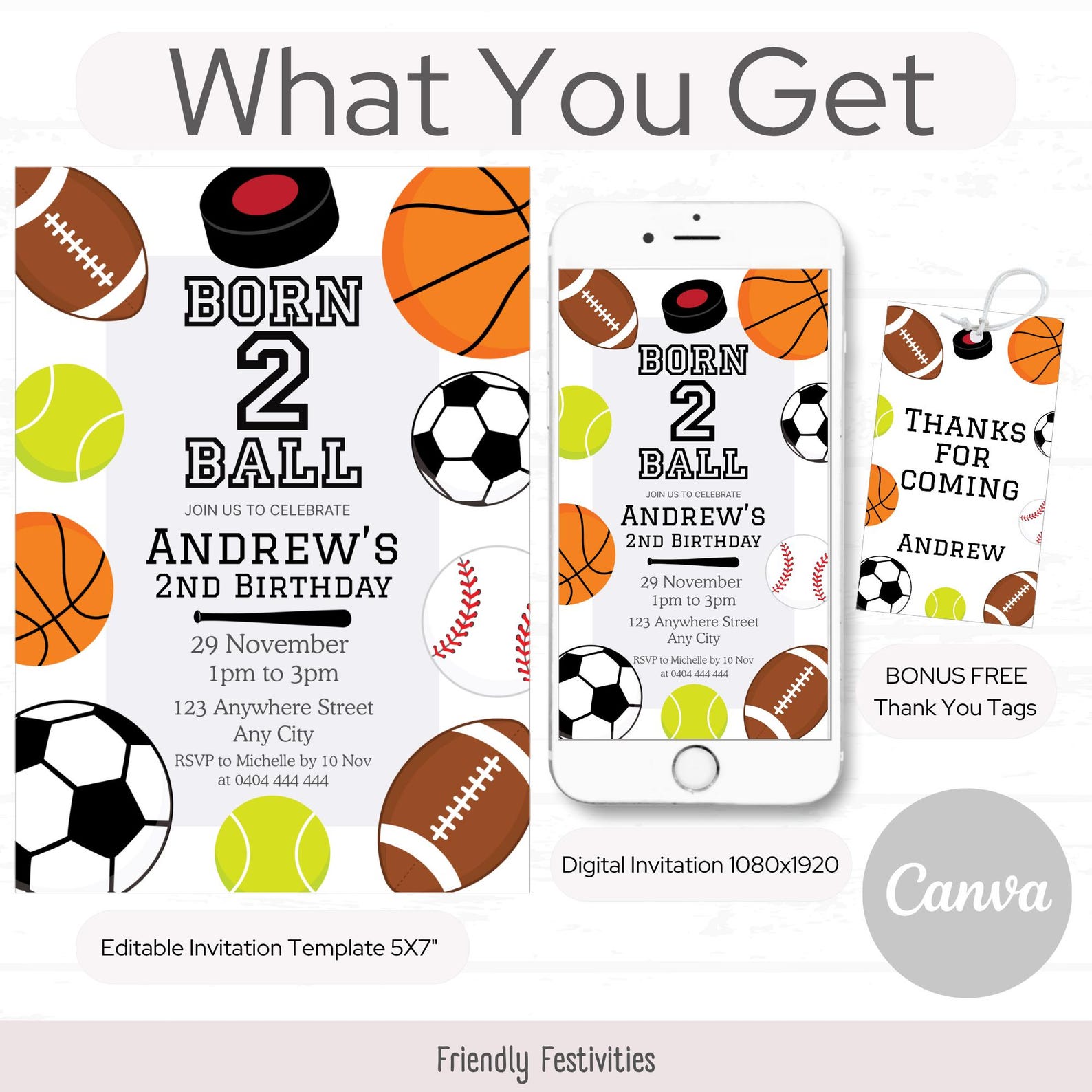 Born 2 Ball Editable Birthday Party Invitation, Second Birthday Sports ...