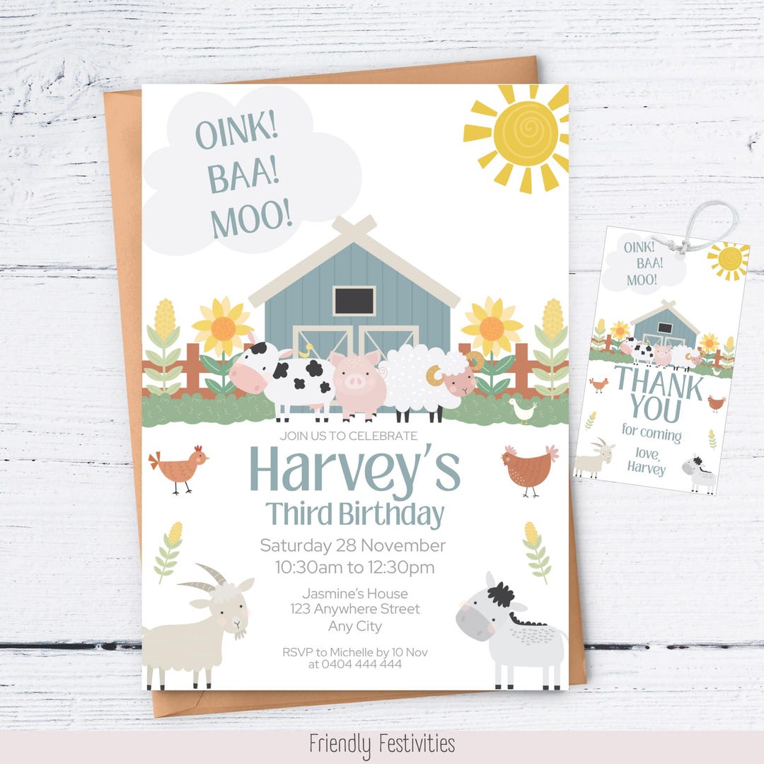 Farm Birthday Editable Invitation, Oink Baa Moo Farm Animals Party, Boy ...