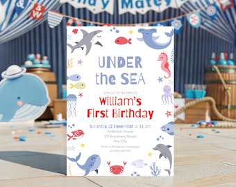 Under the Sea Birthday Invitation, Editable Ocean Theme Kids Invite, Cute Sea Animal Party Template, Any Age Invite, Shark Whale Crab Invite