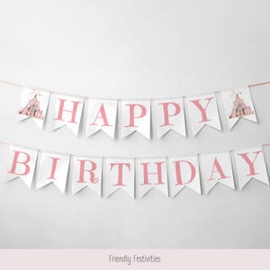 Teepee Sleepover Happy Birthday Banner, Pink Teepee Party Bunting, Birthday Decoration, Pink Girl Slumber Party, Canva Template, FF005