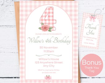 Girl 4th Birthday Invitation, Pink Gingham Fourth Birthday Invitation Template, Coquette Bow 4th Birthday Invite, Shabby Chic Vintage Floral