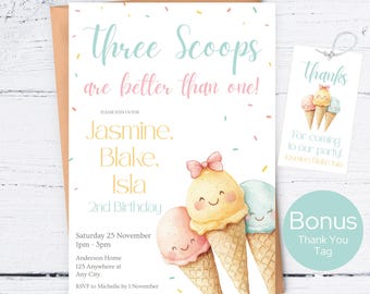 Ice Cream Joint Birthday Invitation Template, Three Scoops Are Better Than One, Siblings Triplet Twins Birthday Invite, editable invitation
