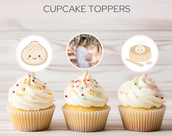 Little Dumpling Baby Shower Cupcake Toppers, Pink Pastel Dim Sum Editable Cupcake Toppers Picks, Kawaii Bao Baby Girl Decor, FF019