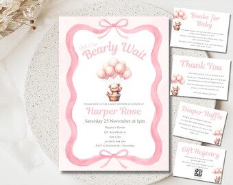 Wir können Bären-Babyparty-Einladung warten, rosa Teddybär-Babyparty-Einladungs-Bündel, Aquarell kokett Bogen-Mädchen-Babyparty-Set