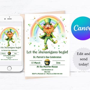 Op de afbeelding: Een uitnodiging voor een St. Patrick's Day feest met een cartoon-kabouter die een pot met goud aan het einde van een regenboog vasthoudt. De uitnodiging luidt "Let the shenanigans begin!" en bevat de datum, tijd en locatie van het feest.