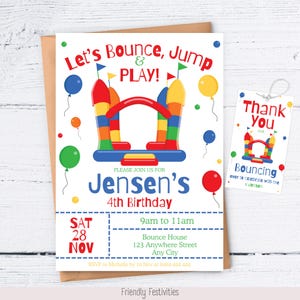 Editable Bounce House Birthday Invitation Template, Bounce Party Invitation, Blue Red Bounce, Jump Birthday Invitation, FREE thankyou tags