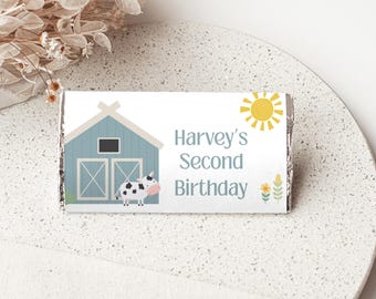 Bearbeitbare Farm Geburtstag Schokoladenverpackung, Bauernhof Tier Candy Bar Wrapper, Oink Baa Moo, Blau Barnyard Schokoladenetikett, Canva Vorlage, FF018