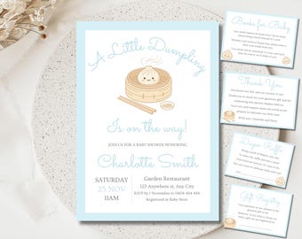 Blue Little Dumpling Is On The Way Baby Shower Bundle, Editable Kawaii Dim Sum Invitation Suite, Boy Baby Shower, Books for Baby,  FF020