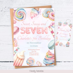 Sweet Sassy & Seven Birthday Party Invitation, Girl 7th Birthday Party, Candy Lolly Theme, Editable Canva Template, FREE Thankyou Tags,FF001