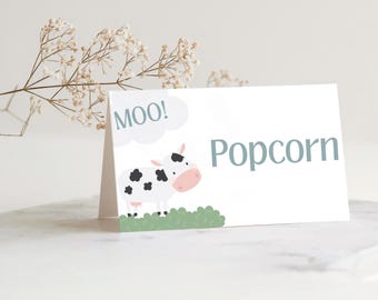 Farmtiere Essen Zelt Karte, Geburtstag gefalteten Party Essen Karten, Junge Blau Farm Geburtstagsfeier, bearbeitbare druckbare Canva Vorlage, FF018