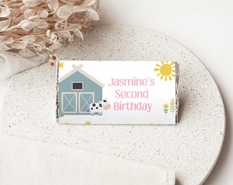 Bearbeitbare Farm Geburtstag Schokoladenverpackung, Bauernhof Tier Candy Bar Wrapper, Oink Baa Moo, Rosa Barnyard Schokoladenetikett, Canva Vorlage, FF017