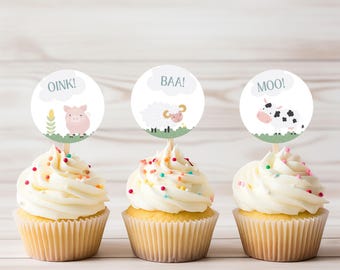 Cupcake Topper Geburtstag, Junge Blaue Geburtstagsparty Cupcaketop, Oink Baa Moo Zwei Party, Bauernhof Tier Party Dekoration, Canva Template, FF018