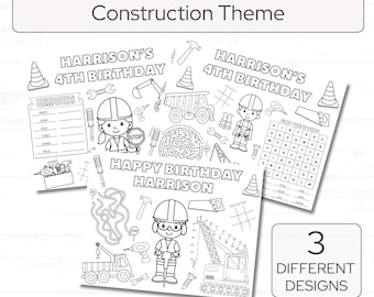 Manteles individuales editables para colorear y actividades infantiles de vehículos de construcción, mantel individual para fiesta de cumpleaños de camiones de construcción, juegos de construcción para niños