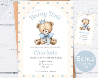 Wir können Bären warten Junge Babyparty-Einladung, Teddybär-Babyparty-Einladung, Junge blau Bären warten einladen, Teddybär Prinz einladen