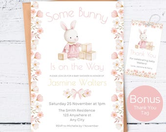 Some Bunny is on the Way-Babyparty-Einladung, Mädchen-Rosa-Blumen-Kaninchen-Einladung mit Bonus Danke-Tag, bearbeitbare Vorlage, Sofort-Download