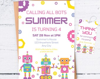 May include: A birthday invitation with a robot theme. The invitation reads "Calling All Bots Summer is Turning 4" with the date, time, and location. A matching thank you tag is included. The design features colorful robot illustrations.