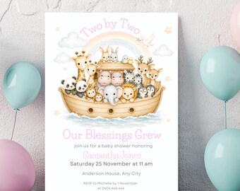 Noah’s Ark Twin Baby Shower Invitation Template, Two by Two Our Blessings Grew, Baby Shower Invite for Twins, Bible Theme, Editable Invite