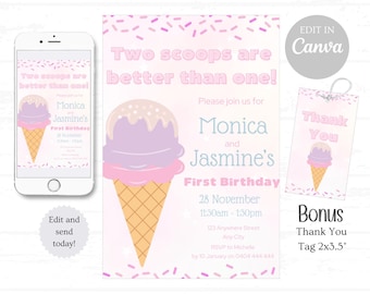 Faire-part modifiable pour une fête d'anniversaire de jumeaux, Deux boules valent mieux qu'une, thème crème glacée, fête d'enfants entre frères et sœurs, modèle modifiable sur toile