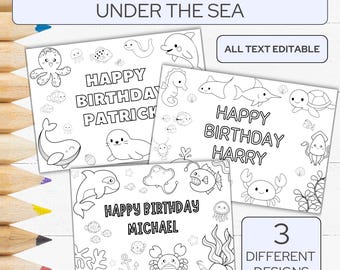 Sea Animals Birthday Coloring Placemat, Printable Kids Activity Sheet, Editable Ocean Coloring Pages, Printable Ocean Animals Party Activity