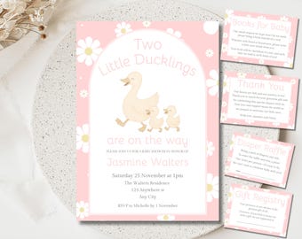 Zwei kleine Entlein-Babyparty-Paket, Enten-Zwillinge-Babyparty-Einladungs-Reihe, rosa Gänseblümchen-Mädchen-Babyparty, Zwillings-Entlein-Babyparty-Set