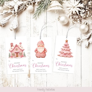 Redigerbara rosa julklappsetiketter, julgåvoetiketter, presentetiketter för högtider, redigerbara juletiketter, pepparkakor, utskrivbar mall Canva