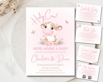 Heilige Kuh-Babyparty-Einladungs-Paket, rosa Kuh-Babyparty-Set, Bauernhaus-Mädchen-Babyparty, bearbeitbarer Sofort-Download, Bonus Geschenk-Tracker