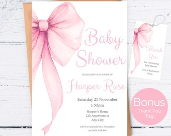 Rosa Bogen-Babyparty-Einladung, rosa Bogen bearbeitbare Einladung, rosa Kokette Mädchen-Babyparty einladen, rosa Band-Babyparty