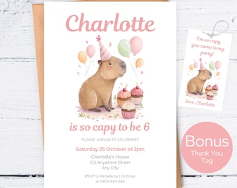 Capybara Birthday Invitation Template, Editable Pink Capybara Party Invite, Girl Capybara Animal Birthday, So Capy to be Birthday Invitation